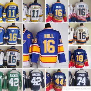 1980 Film Vintage Hockey 16 Brett Hull Jerseys CCM Embroderie 11 Brian Sutter 18 Tony Twist 44 Chris Pronger 74 Oshie 42 Backes Jersey 1995 1996 Blue White Retro Man