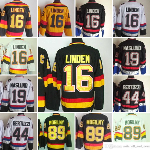 1980 Film Vintage Hockey 16 Maillots Trevor Linden Broderie CCM 19 Markus Naslund 44 Todd Bertuzzi 89 Maillot Alexander Mogilny Noir Jaune Blanc