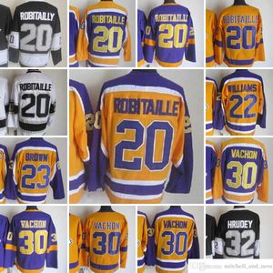 1980 Película Vintage Hockey 20 Luc Robitaille Jerseys CCM Bordado 30 Rogatien Vachon 32 Jonathan Quick 23 Dustin Brown 22 WILLIAMS Jersey Amarillo Blanco Negro Hombres