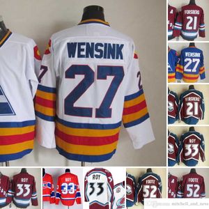 1980 Movie Vintage Hockey 21 Peter Forsberg Jerseys CCM Borduurwerk 27 John Wensink 33 Patrick Roy 52 Adam Foote Jersey Blue Red White Men