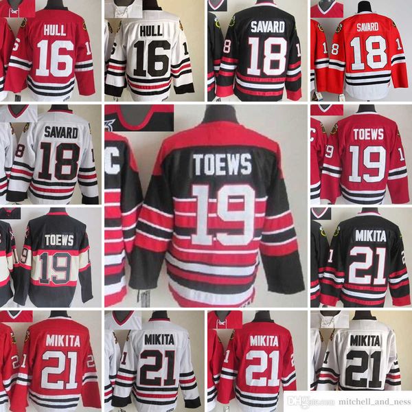 1980 Film Vintage Hockey 21 Stan Mikita Jerseys CCM Embroderie 19 Jonathan Toews 18 Denis Savard 16 Brett Hull 81 Marian Hossa Jersey Black Red White Retro