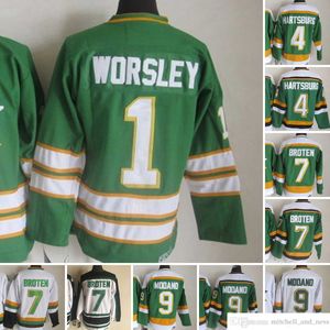 1980 Film Vintage Hockey 9 Mike Modano Jerseys CCM broderie 7 Neal Broten 4 Craig Hartsburg 1 Gump Worsley Jersey Green White Retro pour l'homme