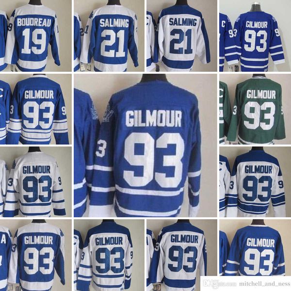 1980 Película Vintage Hockey 93 Doug Gilmour Jerseys CCM Bordado 21 Borje Salming 19 Bruce Boudreau Jersey Blanco Azul Verde