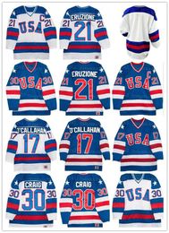 1980 Team USA Hockey Jerseys 30 Jim Craig 21 Mike Eruzione 17 Jack O'Callahan 1980 Jaar Miracle USA Vintage Jersey White Blue S-3XL Aangepaste naamnummer