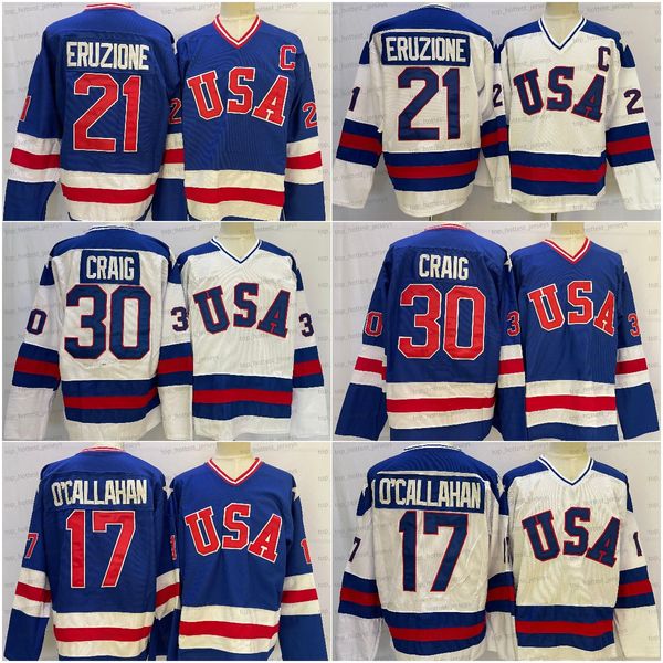 1980 USA Hockey 21 Mike Eruzione Jersey Rétro 30 Jim Craig 17 Jack Ocallahan Hommes Bleu Blanc Broderie Maillots Cousu Retour
