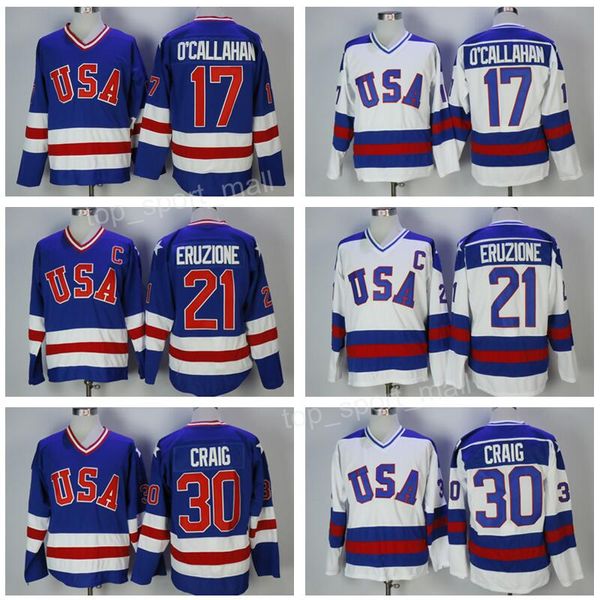 1980 USA Hockey Jersey Équipe nationale 30 Maillots Jim Craig 21 Mike Eruzione 17 Jack O'Callahan Callahan Blue White Year Miracle On Stitched Good For Men