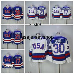 1980 USA Hockey Jerseys 17 Jack Ocallahan 30 Jim Craig 21 Mike Eruzione Jersey Men Sale Team Color Blue White Stitched