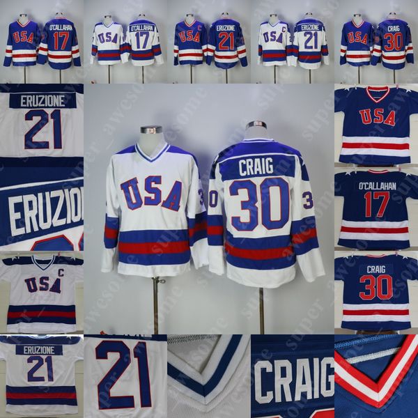 1980 Maillot de l'équipe de hockey des États-Unis 30 Jim Craig 21 Mike Eruzione 17 Chandails de hockey Jack O'callahan Bleu Blanc Ed