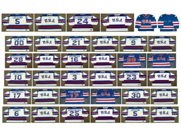 1980 USA K1 Jersey 21 MIKE ERUZIONE 9 BROTEN 28 JOHN HARRINGTON 16 MARK PAVELICH 30 JIM CRAIG 10 MARK JOHNSON Maillots de hockey6440244