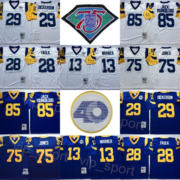 1985 1979 1999 Football rétro 28 Marshall Faulk Jersey 40e 85 Jack Youngblood 29 Eric Dickerson 75 Deacon Jones 36 Jerome Bettis 13 Kurt Warner Violet Blanc