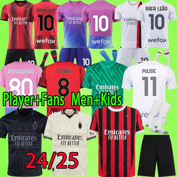 24/25 Jerseys de fútbol 2025 Theo Tonali Leao AC Camisa de fútbol Fans Versión 2024 Milans Milans Home Away Kaka Shevchenko Giroud Inzaghi Men Kids Kit Maglia Da Calcio