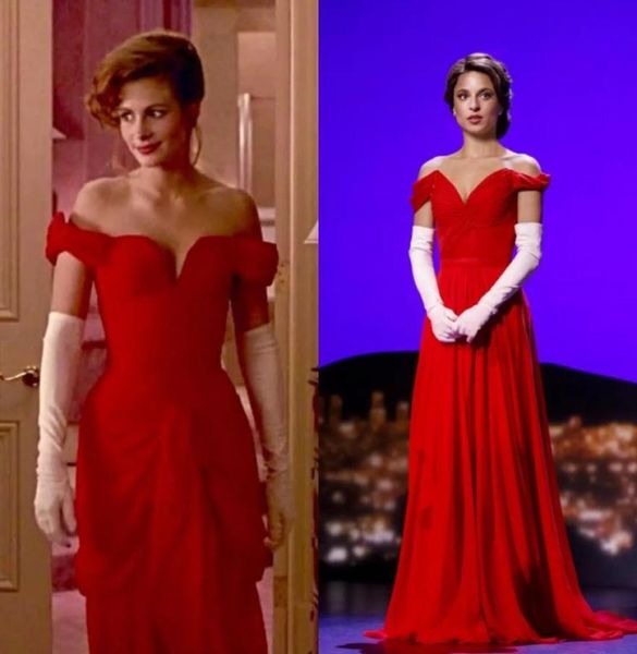 1990 Vestido rojo icónico de Pretty Woman Off Shoulder Prom Vestidos formales Plisados ​​Empadados Varestra Longitud completa Bolsa de vestir 6653137
