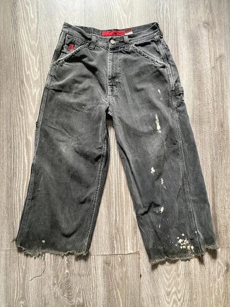 Années 1990 Cargo légèrement en détresse Y2k Jeans taille haute Bleach Taché CutOff Wide Leg Jean Slouchy vintage Noir 240116