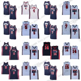1992 Camisetas de baloncesto retro 7 Bird 5 Robinson 10 Drexler 8 Pippen 11 Malone 12 Stockton 13 Mullin 15 Johnson 14 Barkley 4 Laettner Jersey cosido