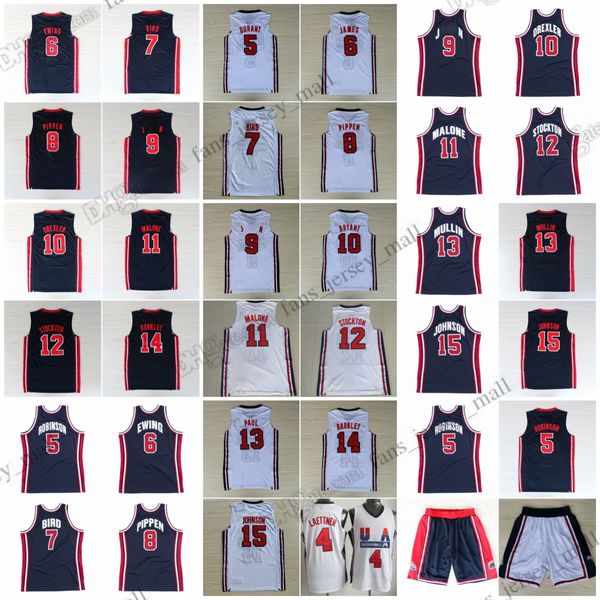 1992 Jersey retro Camisetas de baloncesto Barkley Laettner Bird Robinson Drexler Pippen Malone Stockton Mullin Johnson Camisas cosidas Pantalones cortos