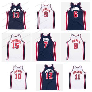 1992 Team USA Michael Jor Dan Basketball Jersey Larry 7 Bird Johnson Throwback John Stockton Scottie Pippen Patrick Ewing White Blue Size S-XXL