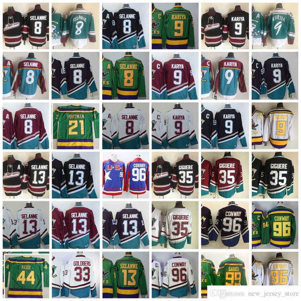 1993-1999 Movie rétro CCM Hockey Jersey broderie 8 9 Paul Kariya 13 Teemu Selanne 21 Dean Portman 33 Greg Goldberg 35 Jean Sebastien 44 Fulton Reed