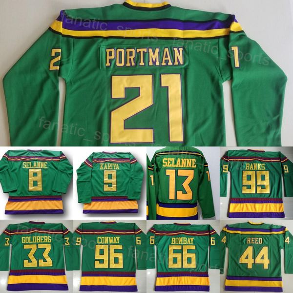 1993 Film Rétro Hockey Vintage 66 Gordon Bombay Jersey CCM 99 Adam Banks 96 Charlie Conway 21 Dean Portman 44 Fulton Reed 33 Greg Goldberg Classic Retire Mens Vert