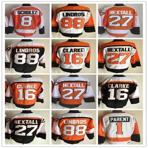 Heren CCM vintage hockeyshirts 88 Eric Lindros 16 Bobby Clarke 27 Ron Hextall 1 Bernie Parent 8 Dave Schultz Gestikte retro-uniformen Zwart Oranje Wit Alternatief