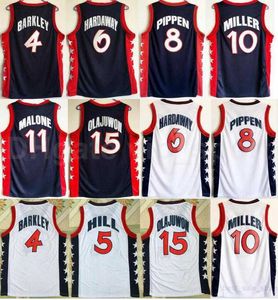 1996 US Dream Three Basketball 11 Maillots Karl Malone Hommes Bleu Marine Blanc 5 Grant Hill 10 Reggie Miller 4 Charles Barkley