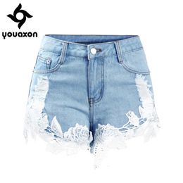1996 Youaxon Women Fashion Summer Style High Taille Lace Floral gescheurde korte denim shorts voor vrouw 240418