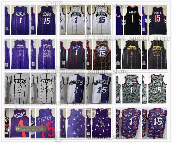 1998-99 Rétro Mitchell Ness Vince 15 Carter Maillots de basket-ball Tracy 1 McGrady Man Violet Blanc Noir Mesh Chemises vintage cousues