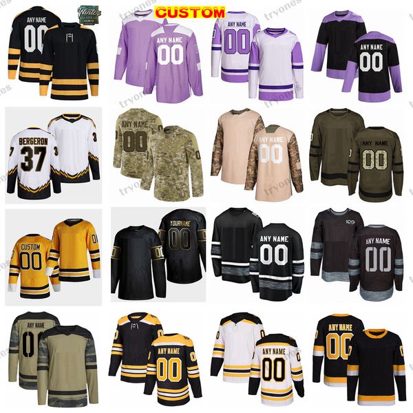 Maillots de hockey classiques d'hiver personnalisés 2023 Camo combat le cancer Pastrnak Bergeron Marchand McAvoy DeBrusk Orr Neely Hall Rask Coyle Foligno Krejci Frederic Bertuzzi