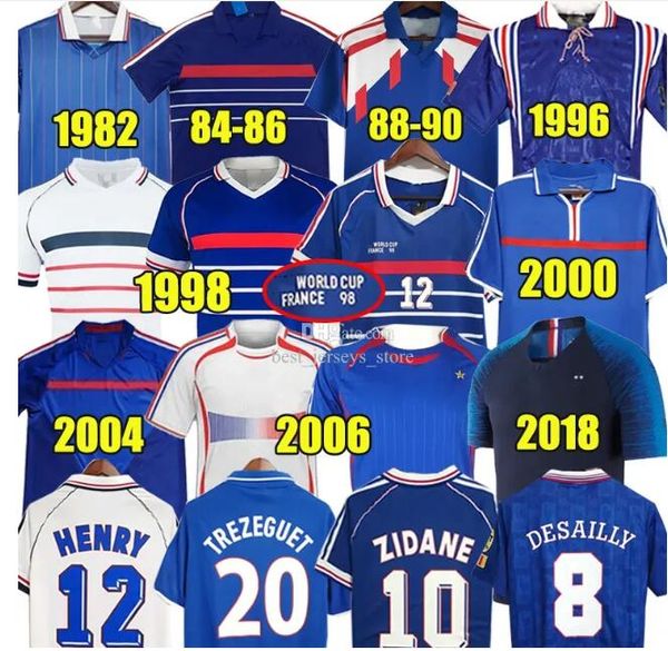 1998 Francia camisetas de fútbol retro 1982 84 86 88 90 96 98 00 02 04 06 ZIDANE HENRY MAILLOT DE FOOT POGBA camiseta de fútbol REZEGUET DESAILLY club francés Classic Vintage Jersey
