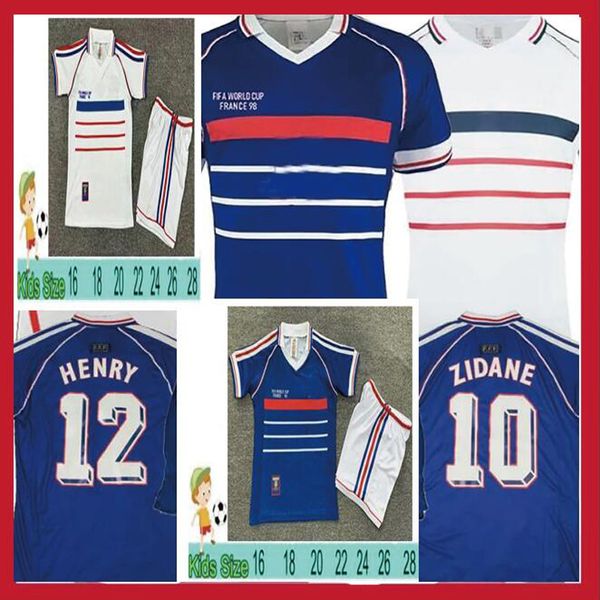 1998 Retro Soccer Jersey Vintage 98 Zidane Henry Maillot de Foot Kids Camisa de fútbol White Home Trezeguet Fútbol Uniformes