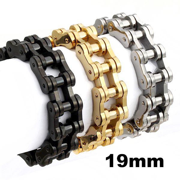 Bracelet de chaîne de vélo de moto en acier inoxydable lourd pour hommes de 19 mm Bracelet de lien de vélo Punk Rock de motard de 9 pouces de longueur avec sac en velours