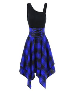 19SS mode damesjurk dames casual jurken onregelmatige geruite elastische riem jurk 4 kleuren maat S2XL6099600