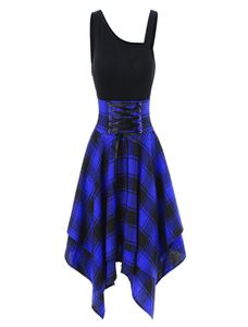 19SS mode damesjurk dames casual jurken onregelmatige geruite elastische riem jurk 4 kleuren maat S2XL4997158