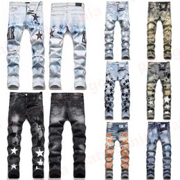 Hommes Designer Jeans Mode Européenne Amérique Style Jean Hombre Lettre Étoile Pantalon De Broderie Patchwork Ripped Pour Pantalon De Moto Mens Skinny