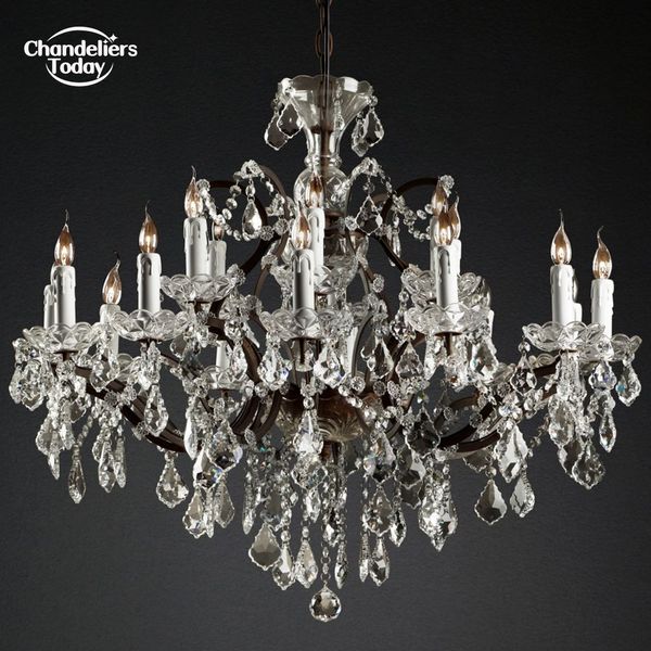 19ème C. Rococo Fer Clair Cristal Rond Lustres Moderne Rustique Bougie Pendentif Éclairage pour Salon Chambre Lampes Suspendues