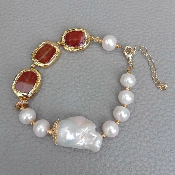 Bracelet à breloques en perles Keshi blanches, 19x28mm, perles de culture d'eau douce, rectangle en cornaline, 240305