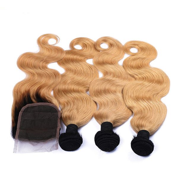 # 1B / 27 Honey Blonde Ombre 3 paquetes de cabello virgen brasileño con cierre Body Wave Strawberry Blonde 4x4 Cierre de encaje con extensiones de tejido