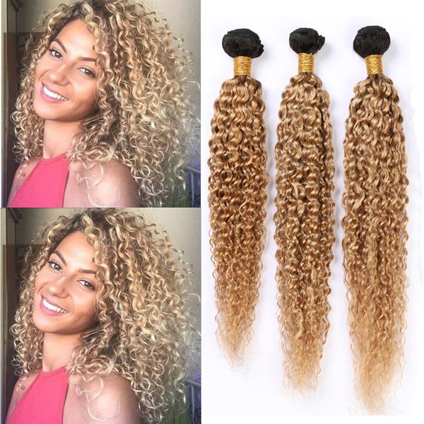 # 1B 27 Honey Blonde Ombre Brazilian Curly Human Hair Weave Bundles Light Brown Ombre Extensiones de cabello virgen Kinky Curly Human Hair 3 Bundles