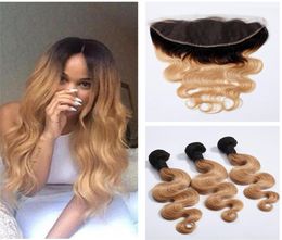 1B 27 Miel Blonde Ombre Brésilienne Vierge Vague de Corps Cheveux Humains Weave Bundles Avec Racines Foncées Brun Clair Ombre 13x4 Dentelle Frontale 6491137