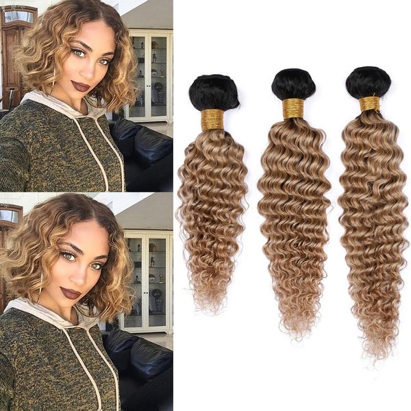 # 1B / 27 Honey Blonde Ombre Deep Wave El cabello humano brasileño de la Virgen teje 3 piezas / lote Marrón claro Ombre Deep Wave Paquetes de cabello humano rizado