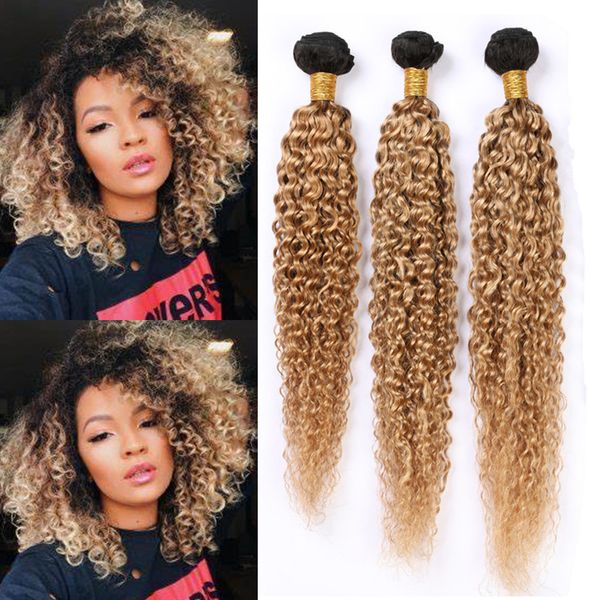 # 1B 27 Honey Blonde Ombre Paquetes de cabello humano 300 gramos Marrón claro Ombre Extensiones de cabello de raíz oscura Kinky Curly 27 Ombre Virgin Hair Weaves