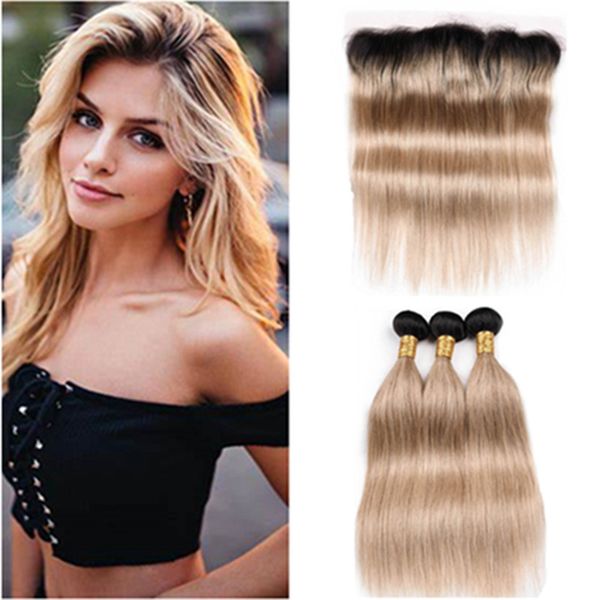 # 1B / 27 Honey Blonde Ombre Straight Malaysian Human Hair Weave Bundles con Frontal Light Brown Ombre 3 Bundles con 13x4 Lace Frontal