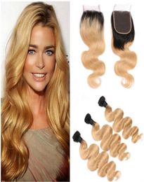 1B 27 Honey Blonde Ombre Vierge Poules de cheveux humains Peruvian Habits Faire la fermeture de la dentelle 4x4 Body Wave Blonde Blonde ombre Human H7631152