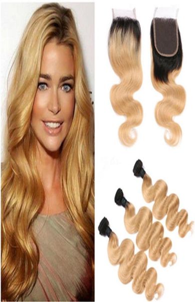 1B 27 Honey Blonde Ombre Virgin Bundles de cabello humano peruano Tratos con cierre de encaje 4x4 ola de cuerpo fresa rubia ombre humana H2205928