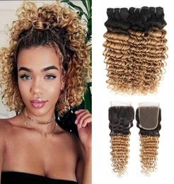 1B 27 Ombre Honey Blonde Boundles de cheveux en ondes profondes avec fermeture 3 Bundles avec 4x4 Fermeture en dentelle Brésilien Remy Human Hair Extensions4428084