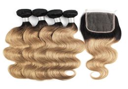 1B 27 Ombre Honingblond haarbundels met sluiting Indian Body Wave Hair Extensions 4 bundels met 4x4 vetersluiting Remy Human Hai3106305