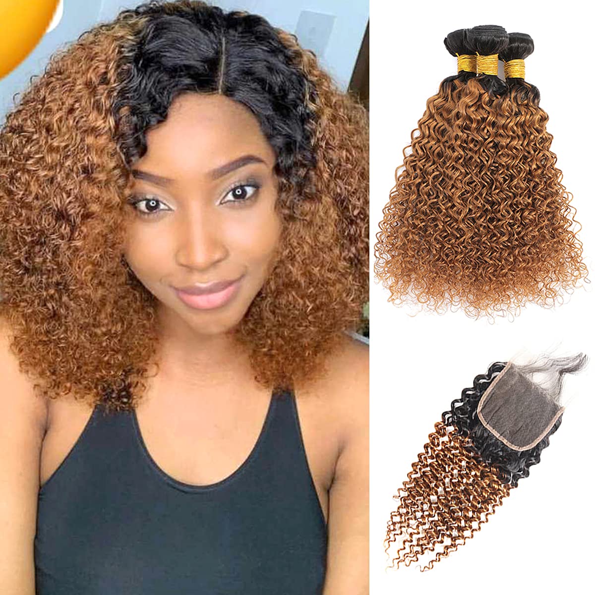 1B/30 Kinky Curly Human Hair Bundles with 4x4 Closure Ombre Brazilian Kinky Curly Hair Weaves Bundles with Free Part Swiss Lace Closure
