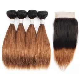 1B 30 Paquetes de cabello marrón Ombre con cierre Raíces oscuras 50 g Paquete 1012 pulgadas 4 paquetes Extensiones de cabello humano liso brasileño 6205175