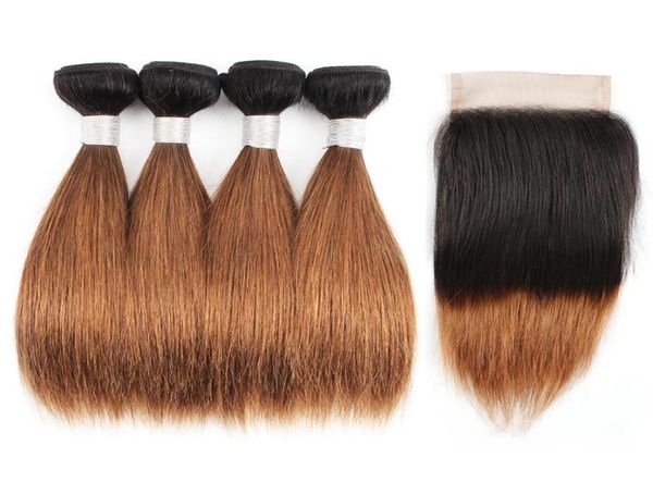 1B 30 Paquetes de cabello marrón Ombre con cierre Raíces oscuras 50 g Paquete 1012 pulgadas 4 paquetes Extensiones de cabello humano liso brasileño 4170817