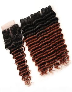 1B 33 Dark Auburn Ombre Indien Vague Profonde Trames de Cheveux Humains avec Fermeture 3Bundles Brun Rougeâtre Ombre Tisse avec 4x4 Lace Front Cl7176459