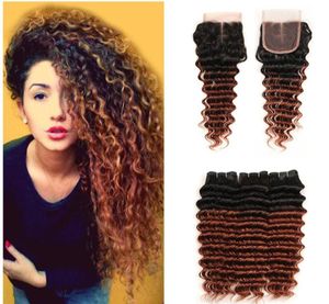 1B 33 Ombre Malaisienne Vierge Cheveux Armure Avec Fermeture À Lacets Vague Profonde Faisceaux De Cheveux Humains Deux Tons Bouclés Foncé Auburn Coloré Hair6267603